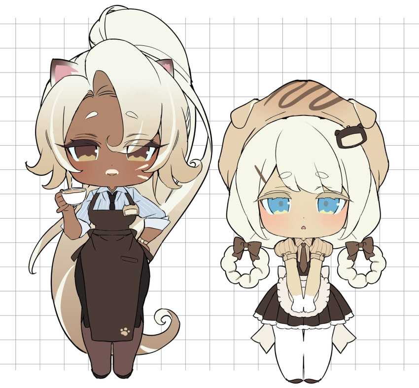 2girls, absurdly_long_hair, alternate_costume, alternate_hairstyle, animal_ears, animal_hat, apron, bare_arms