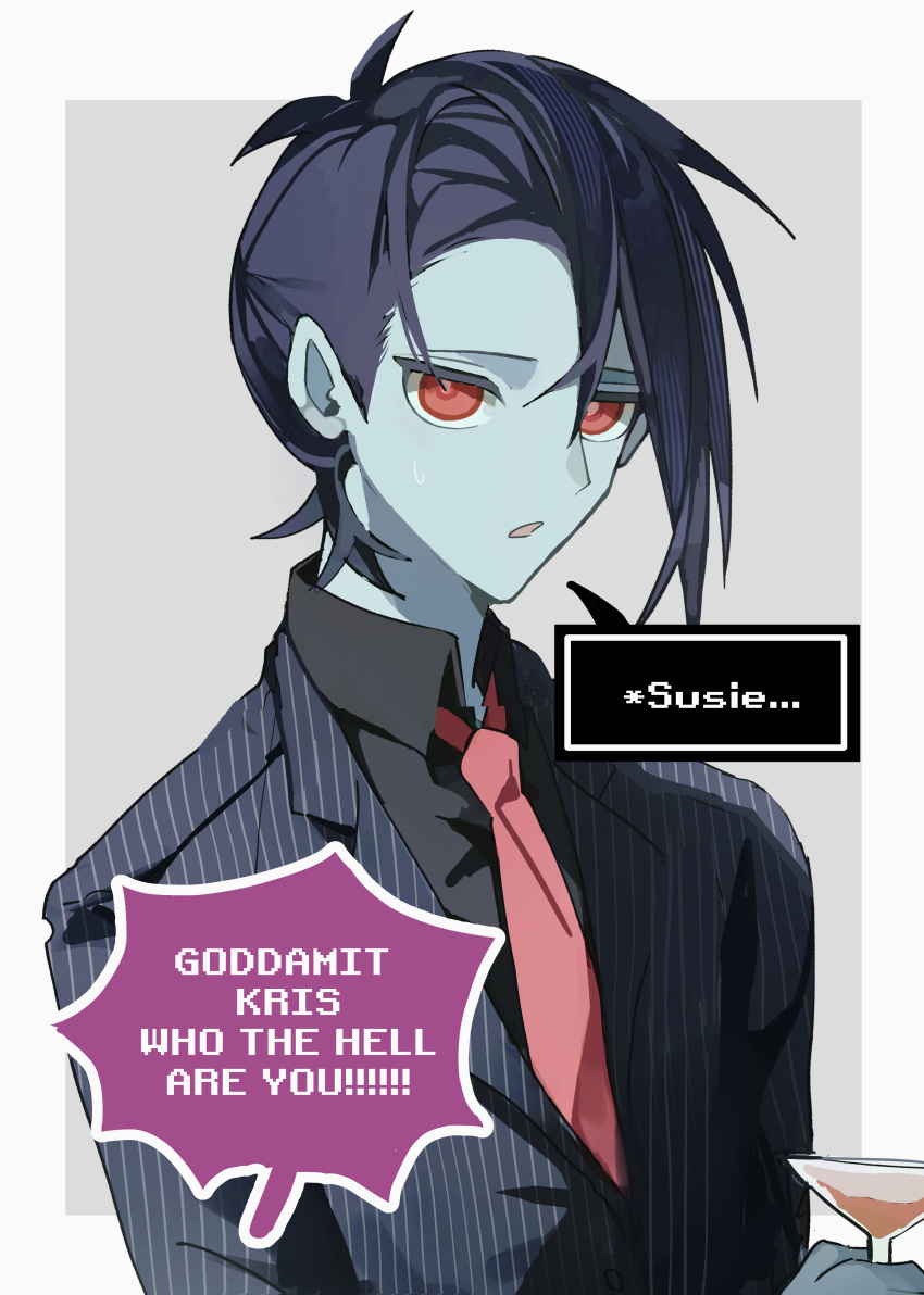 1other, absurdres, black_hair, blue_skin, business_suit, colored_skin, cup, deltarune