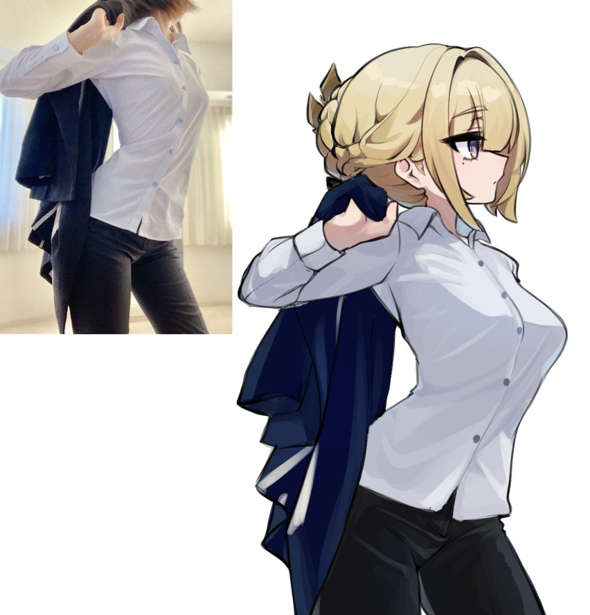 1girl, black_pants, blonde_hair, breasts, closed_mouth, cowboy_shot, evelyn_chevalier, from_side