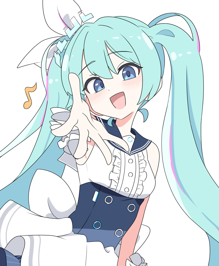1girl, absurdres, aqua_hair, aqua_halo, blue_archive, blue_eyes, bow, center_frills, foreshortening, frills, fukunao, halo, hatsune_miku, hatsune_miku_(blue_archive), highres, multicolored_hair, open_mouth, reaching, reaching_towards_viewer, streaked_hair, twintails, vocaloid