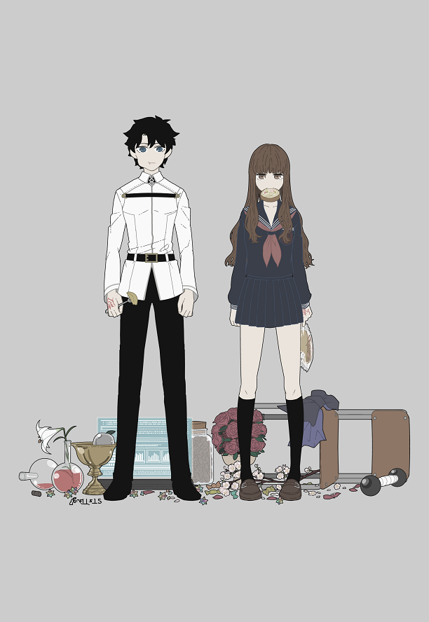1boy, 1girl, arms_at_sides, belt, black_belt, black_pants, black_socks, blue_eyes