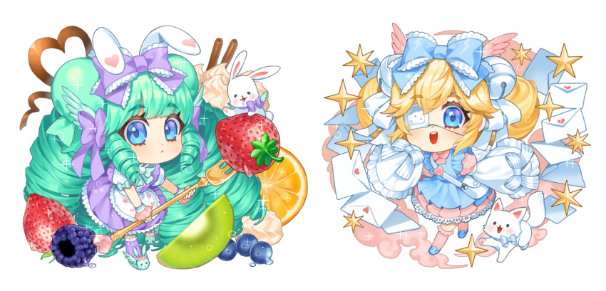 2girls, :<, :d, animal, animal_ears, apron, bag, bare_arms, bell, blue_apron, blue_bow, blueberry, blunt_bangs, bow, bowtie, bun_cover, cat, chibi, chibi_only, closed_mouth, clouds, collared_dress, commentary, cutesu_(character), double-parted_bangs, double_bun, dress, drill_hair, drill_sidelocks, english_commentary, envelope, expressionless, fake_animal_ears, feathered_wings, flat_chest, food, fork, frilled_apron, frilled_bow, frilled_dress, frilled_socks, frilled_wrist_cuffs, frills, fruit, full_body, green_bow, green_bowtie, hair_bell, hair_between_eyes, hair_bow, hair_bun, hair_ornament, head_wings, heart, holding, holding_fork, kiwi_(fruit), kiwi_slice, kneehighs, leaning_forward, medium_dress, miruku_(cutesu), multiple_girls, one_eye_covered, open_mouth, orange_(fruit), orange_slice, original, oversized_food, oversized_fork, oversized_object, petticoat, pink_socks, pink_wings, pocky, purple_bow, purple_dress, rabbit, rabbit_ears, shirt, short_hair, shoulder_bag, side-by-side, sidelocks, simple_background, sleeve_bow, sleeveless, sleeveless_dress, sleeves_past_fingers, sleeves_past_wrists, smile, socks, sparkle, standing, standing_on_one_leg, star_(symbol), strawberry, striped_bow, tareme, teeth, tongue, ultracat, upper_teeth_only, waist_apron, whipped_cream, white_apron, white_background, white_bag, white_bow, white_cat, white_rabbit_(animal), white_shirt, white_sleeves, wide_sleeves, wings, wrist_cuffs