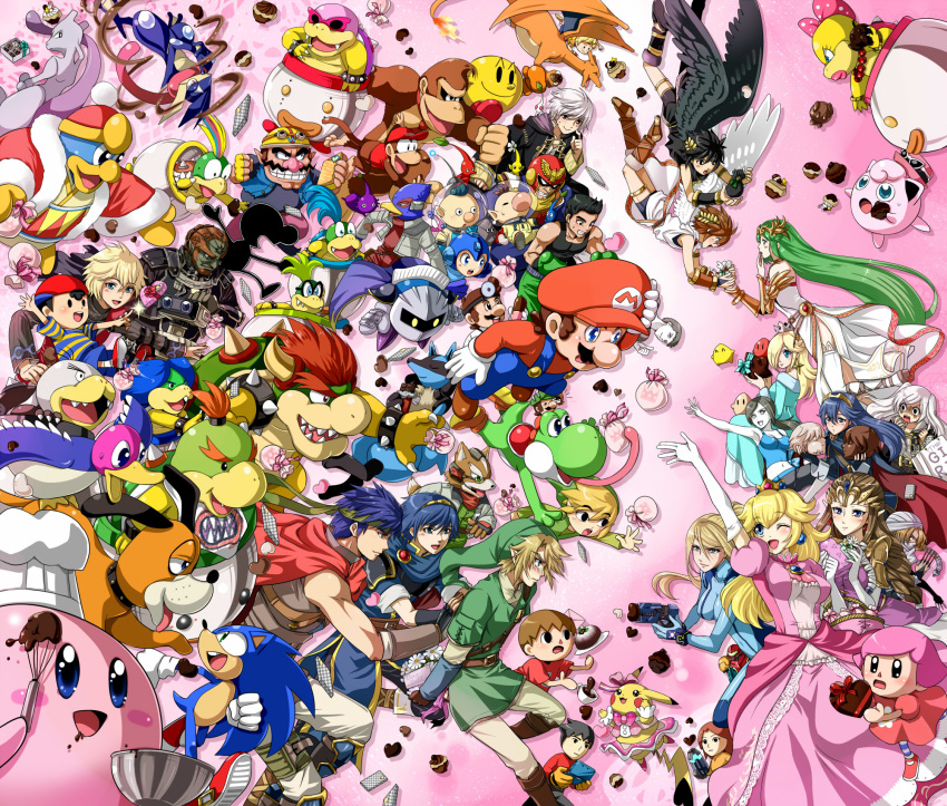 6+boys, 6+girls, absolutely_everyone, alph_(pikmin), animal_crossing, arm_cannon, basket, bird