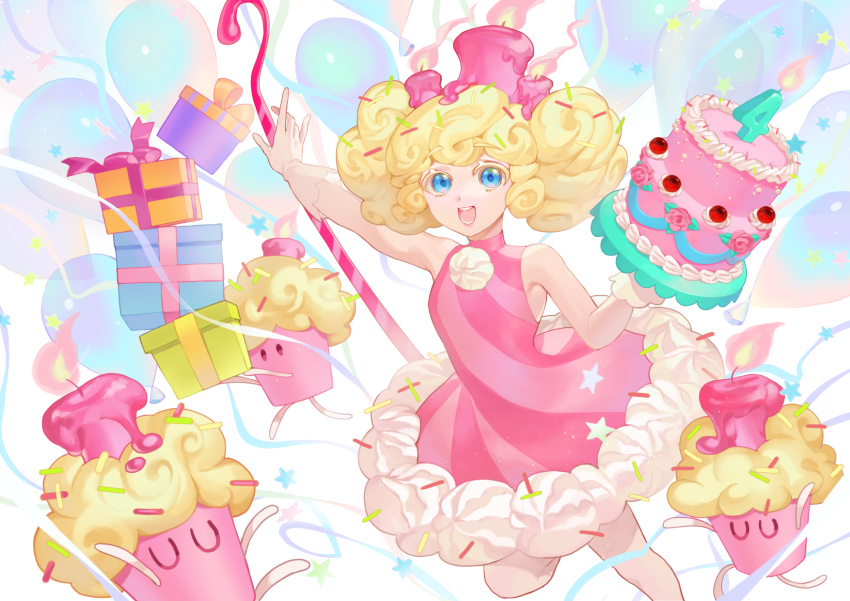 1girl, :d, arm_up, balloon, bare_arms, bare_legs, bare_shoulders, birthday_cake_cookie