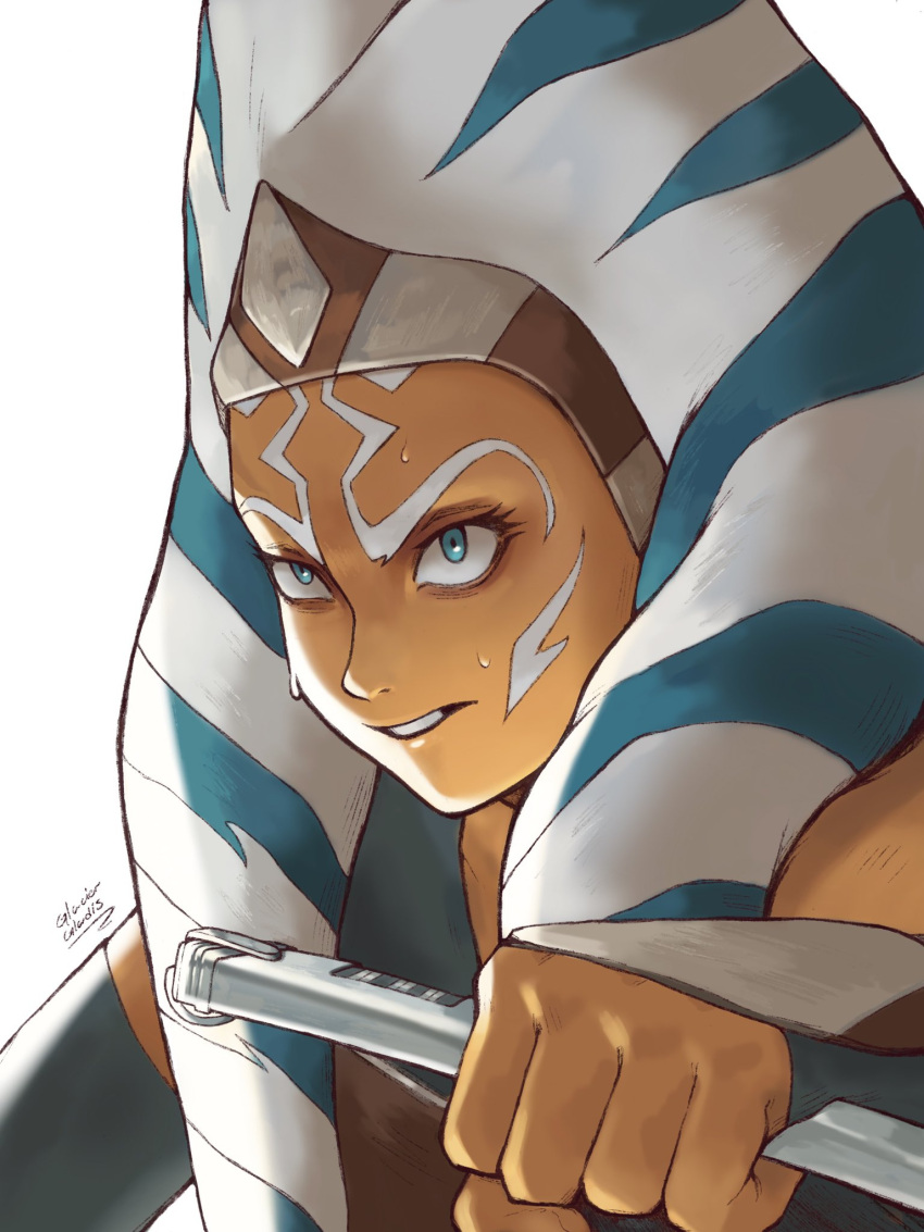 1girl, ahsoka_tano, alien, blue_eyes, colored_skin, glacier_gladis, highres, holding