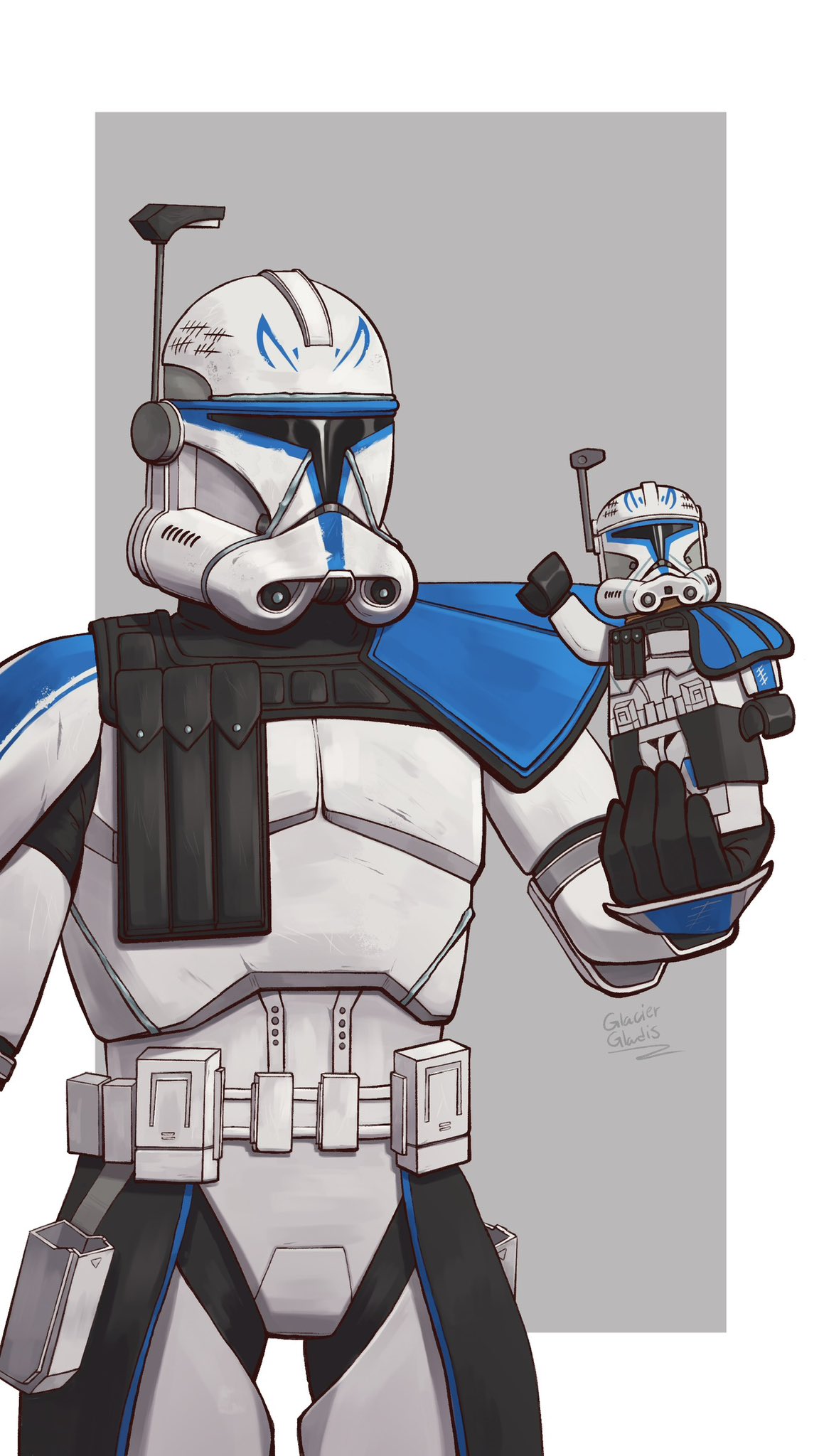 1boy, 1other, armor, border, captain_rex, glacier_gladis, grey_background, highres