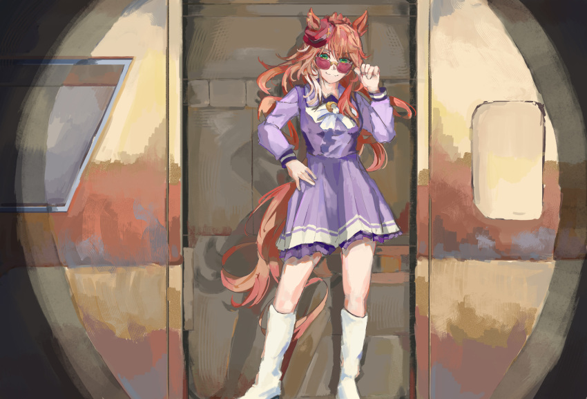 1girl, absurdres, animal_ears, boots, bow, bowtie, breasts, brown_hair
