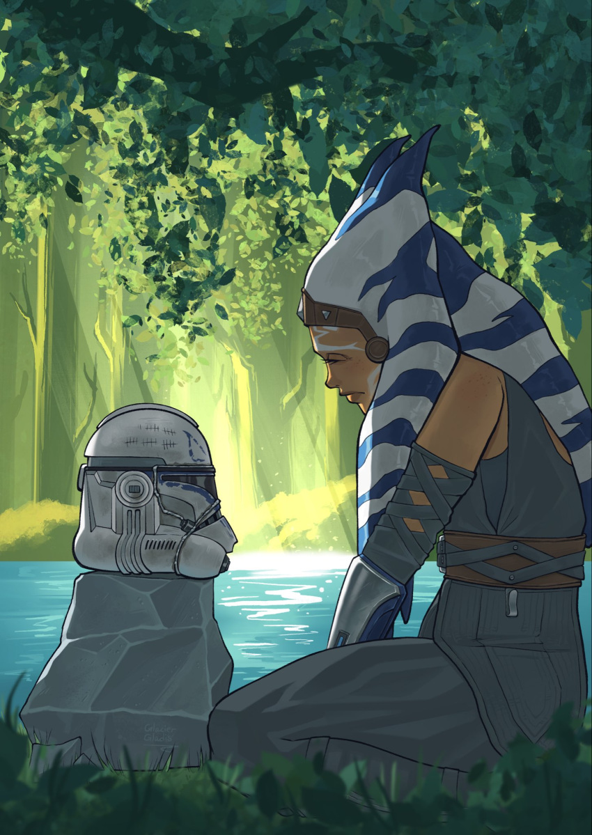 1girl, ahsoka_tano, alien, clone_trooper_helmet, colored_skin, day, forest, glacier_gladis