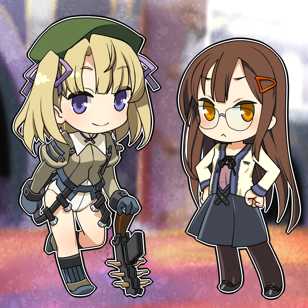 2girls, :<, beret, black_pantyhose, black_shoes, black_skirt, blonde_hair, blue_eyes