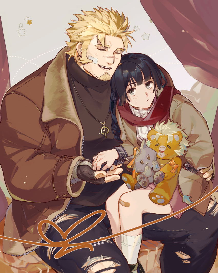 1boy, 1girl, bandaid, bandaid_on_knee, bandaid_on_leg, black_gloves, black_hair, black_pants
