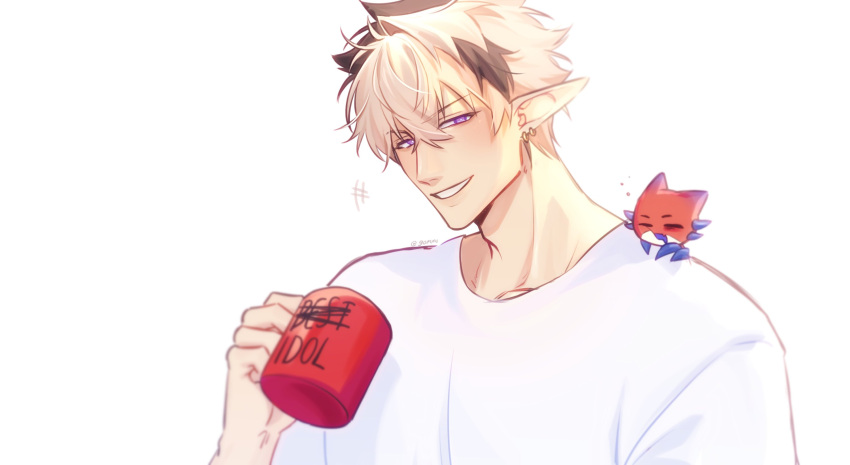 1boy, brown_hair, coffee_mug, creature, creature_on_shoulder, crimzon_ruze, cup, ear_piercing