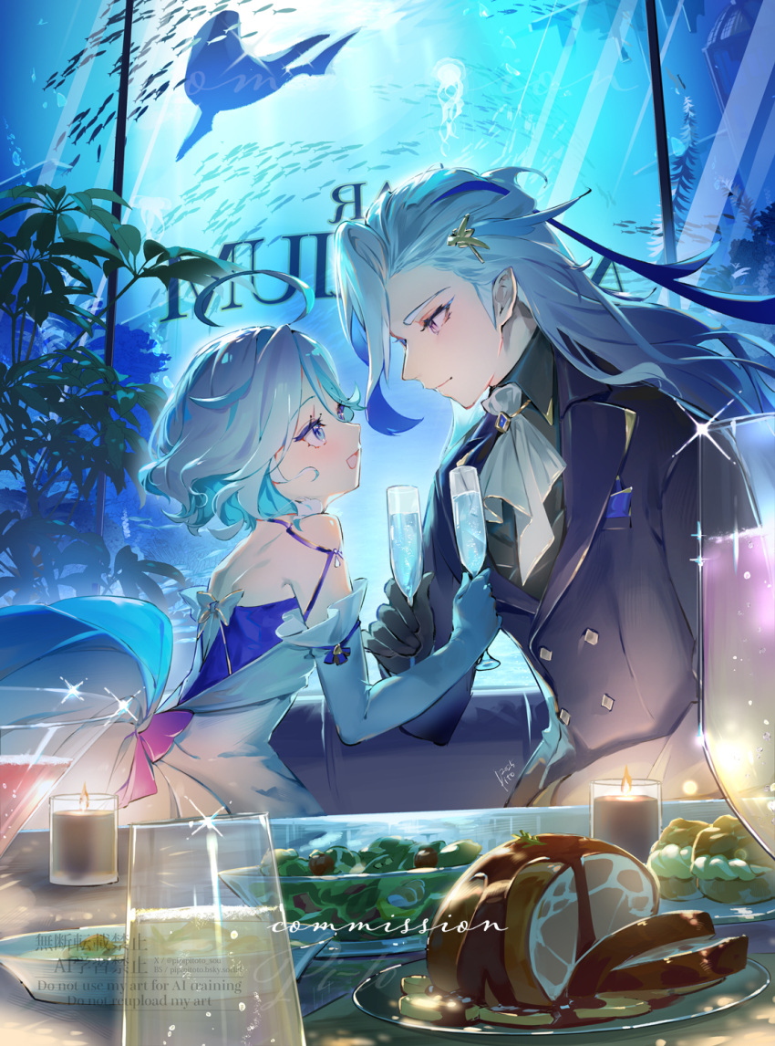 1boy, 1girl, ahoge, ascot, asymmetrical_bangs, asymmetrical_gloves, backless_dress, backless_outfit