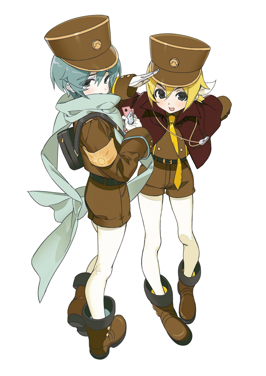 2boys, absurdres, arm_up, belt, beret_cj, black_bag, black_belt, blonde_hair, blue_eyes, blue_hair, blue_scarf, boots, brown_boots, brown_coat, brown_hat, brown_shorts, card, coat, gloves, hand_up, hat, highres, kagamine_len, kagamine_len_(conductor_vermilion), kaito_(conductor_sky)_(vocaloid), kaito_(vocaloid), leggings, looking_at_viewer, military_hat, multiple_boys, neckerchief, necktie, ponytail, project_diva_(series), scarf, short_ponytail, shorts, sleeve_cuffs, tears, ticket, vocaloid, whistle, white_gloves, white_leggings, yellow_neckerchief, yellow_necktie