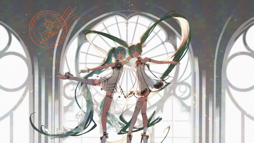 2girls, aqua_eyes, aqua_hair, asymmetrical_legwear, ballerina, ballet, ballet_slippers, bare_shoulders