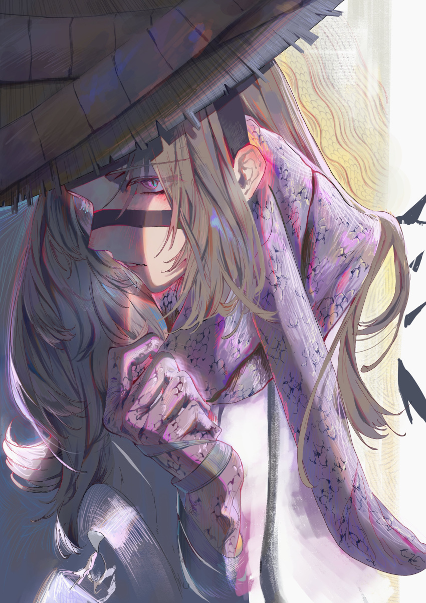 1girl, absurdres, brown_hair, hat, heishou_pack-si_branch_(identity)_(project_moon), highres, klack_rodyalove, limbus_company, long_hair, looking_ahead, parted_lips, project_moon, purple_snake, rodion_(project_moon), shaded_face, slit_pupils, snake, snake_girl, solo