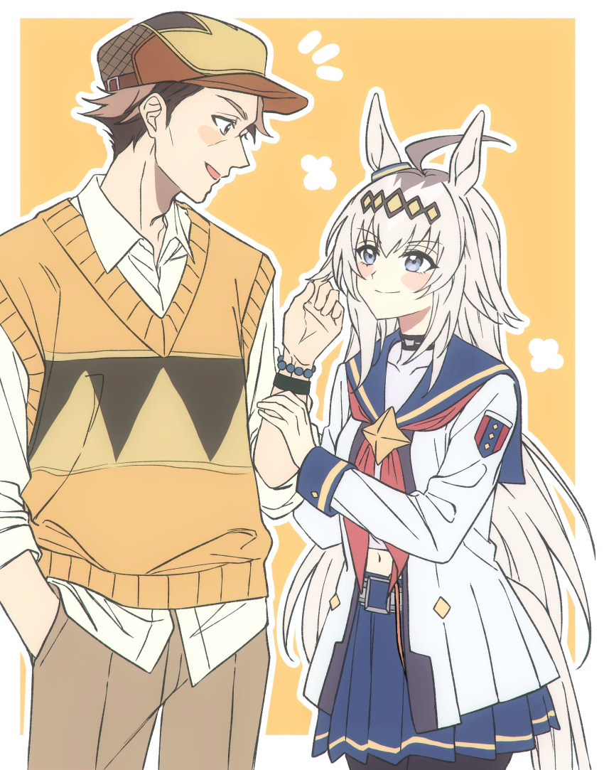 absurdres, animal_ears, ear_ornament, glutton, grey_tail, hat, highres, horse_ears