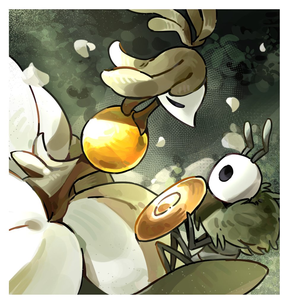 1boy, 1girl, antennae, arthropod_boy, arthropod_girl, black_eyes, border, closed_eyes, facing_another, falling_petals, hnsr123098, holding, holding_shield, hollow_knight, hollow_knight:_silksong, looking_at_another, nyleth_(hollow_knight), outside_border, petals, seth_(hollow_knight), shield, solid_oval_eyes, white_border, white_petals