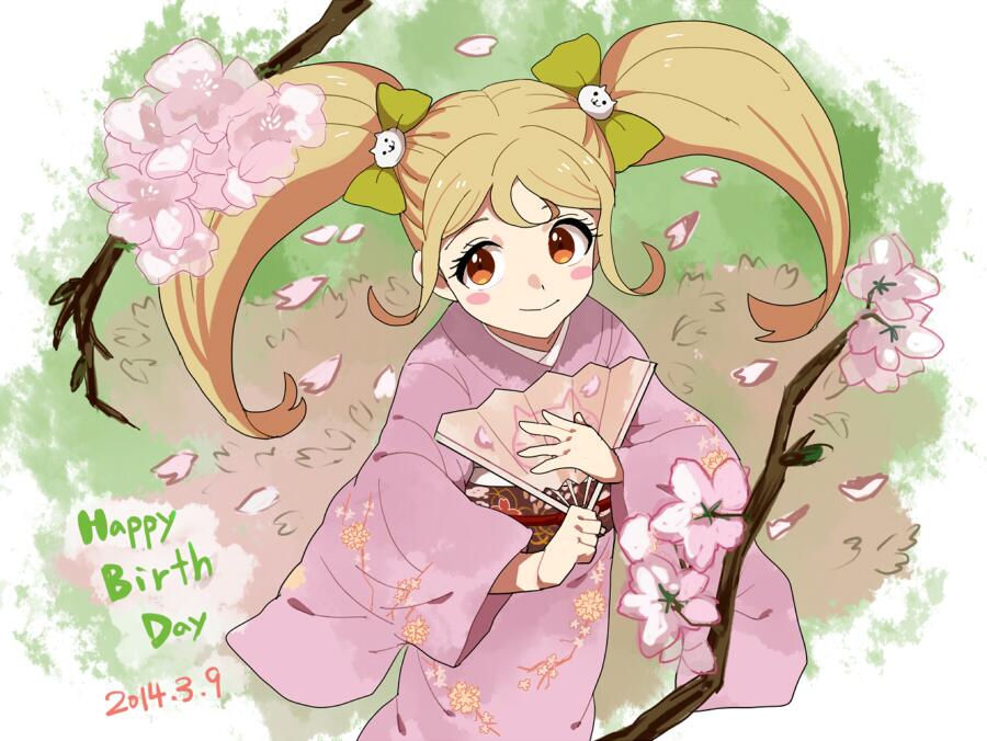 1girl, blonde_hair, blush, blush_stickers, bow, branch, brown_eyes, brown_sash