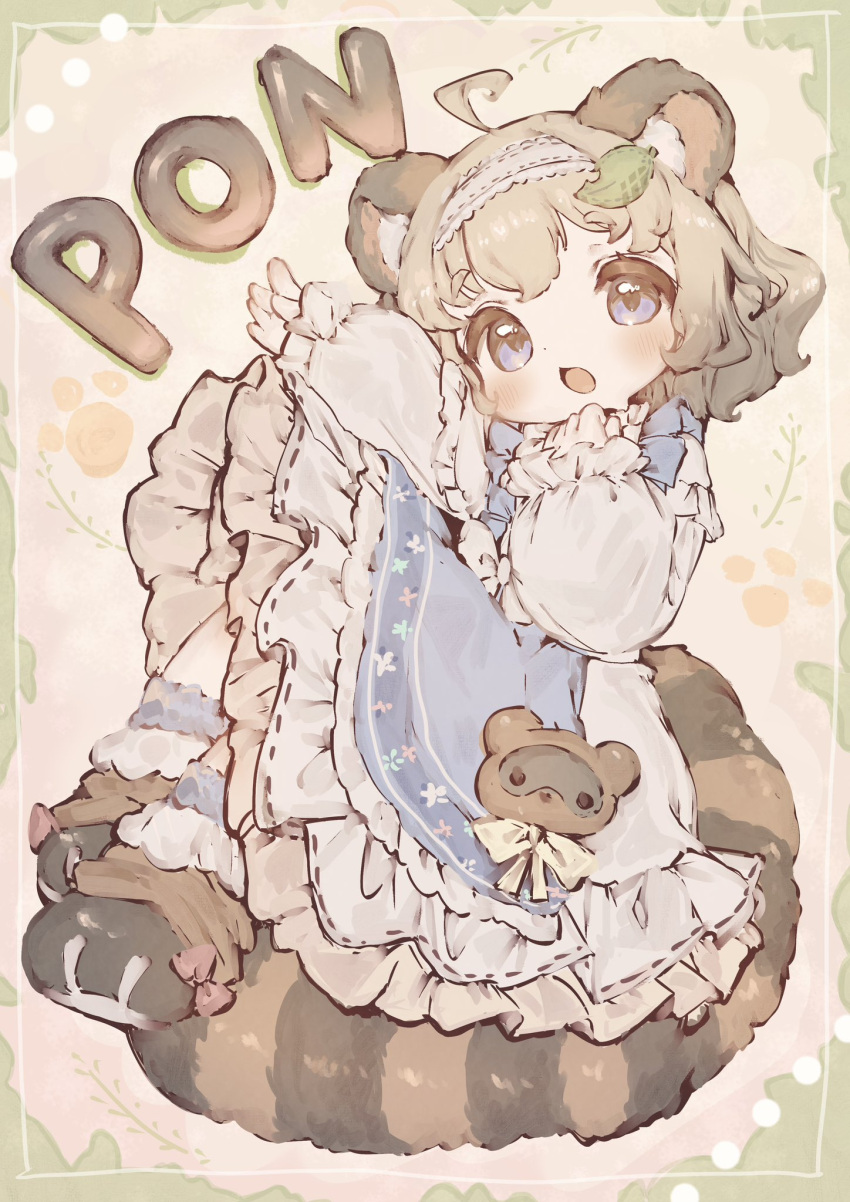 1girl, ahoge, animal_ears, blue_dress, blue_eyes, brown_hair, dress, frilled_dress