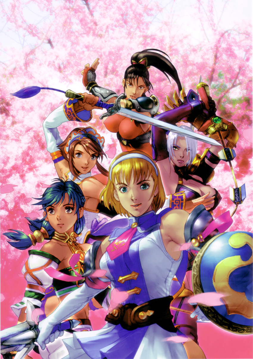 5girls, arms_up, bare_shoulders, black_hair, blonde_hair, breasts, brown_hair, cassandra_alexandra