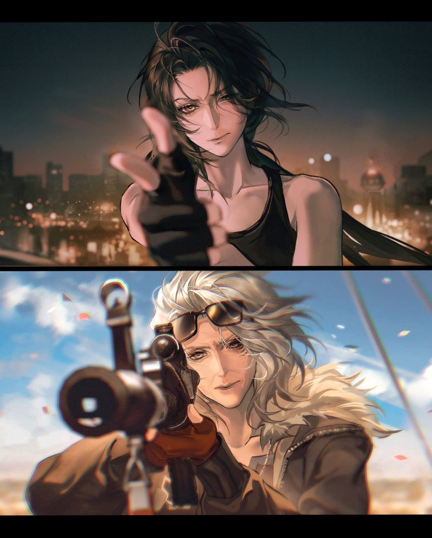 aged_down, black_hair, black_tank_top, city, city_lights, coat, day, feichuan02, finger_gun, fingerless_gloves, fur-trimmed_coat, fur_collar, fur_trim, gloves, grey_hair, gun, helga_(path_to_nowhere), highres, night, old, old_woman, path_to_nowhere, sunglasses, tank_top, weapon
