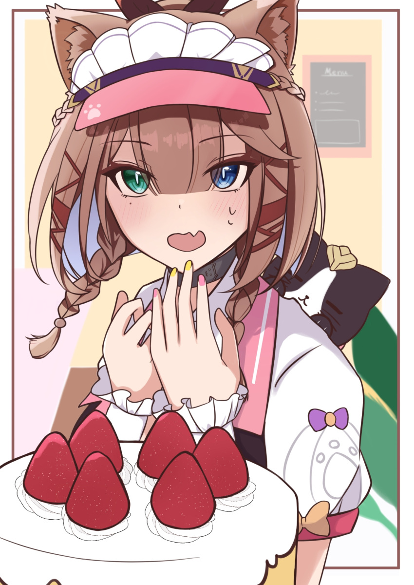 1girl, alt_text, animal_ears, birthday_cake, blue_eyes, blunt_bangs, brown_hair, cake