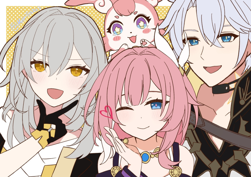 1boy, 2girls, ;), alt_text, black_gloves, blue_eyes, border, commentary_request, cyrene_(honkai:_star_rail), cyrene_(philia093)_(honkai:_star_rail), dual_persona, gloves, grey_hair, highres, honkai:_star_rail, honkai_(series), jewelry, mem_(honkai:_star_rail), mori5uzu, multicolored_hair, multiple_girls, necklace, one_eye_closed, phainon_(honkai:_star_rail), pink_hair, polka_dot, polka_dot_background, short_hair, smile, stelle_(honkai:_star_rail), trailblazer_(honkai:_star_rail), two-tone_hair, white_border, white_hair, yellow_eyes