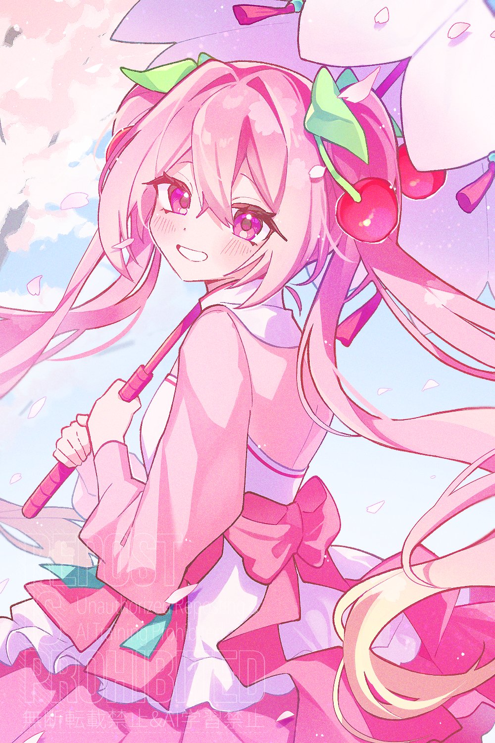 1girl, back_bow, blush, bow, cherry_blossoms, cherry_hair_ornament, commentary_request, falling_petals