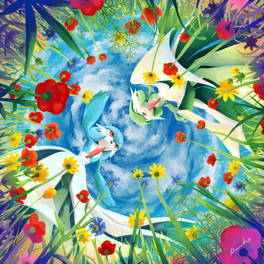 2others, alternate_color, blue_flower, blue_skin, blue_sky, bob_cut, closed_eyes, colored_skin, commentary_request, dress, flower, gardevoir, gardevoir_day, grass, green_skin, highres, multicolored_skin, multiple_others, open_mouth, pokemon, pokemon_(creature), red_flower, rumiko_(vertlapin96), shiny_pokemon, signature, sky, smile, two-tone_skin, white_dress, white_skin, yellow_flower