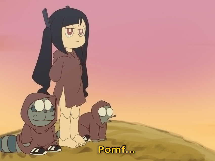 1girl, 2boys, barefoot, doraemon, english_text, expressionless, furry, furry_male, glasses, highres, jcm2, mecha, mecha_musume, multiple_boys, pomf_(jcm2), raccoon_boy, robot, skin_seams, standing, toon_(style), twintails