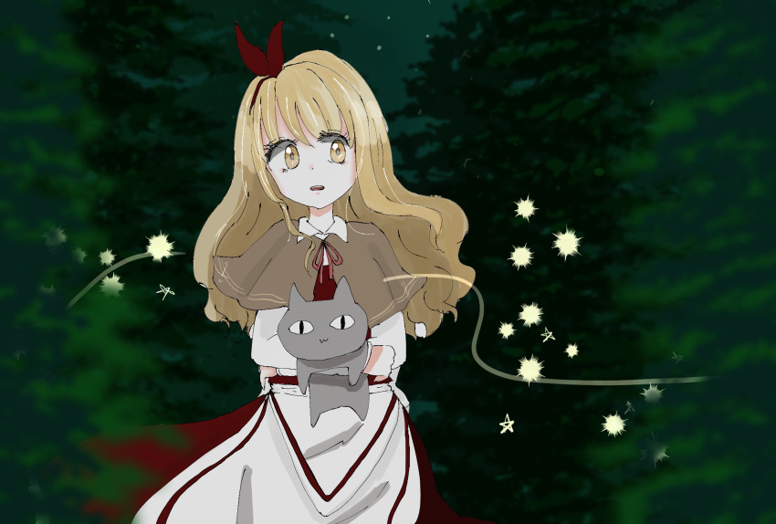 1girl, animal, apron, blonde_hair, bow, brown_capelet, capelet, collared_shirt