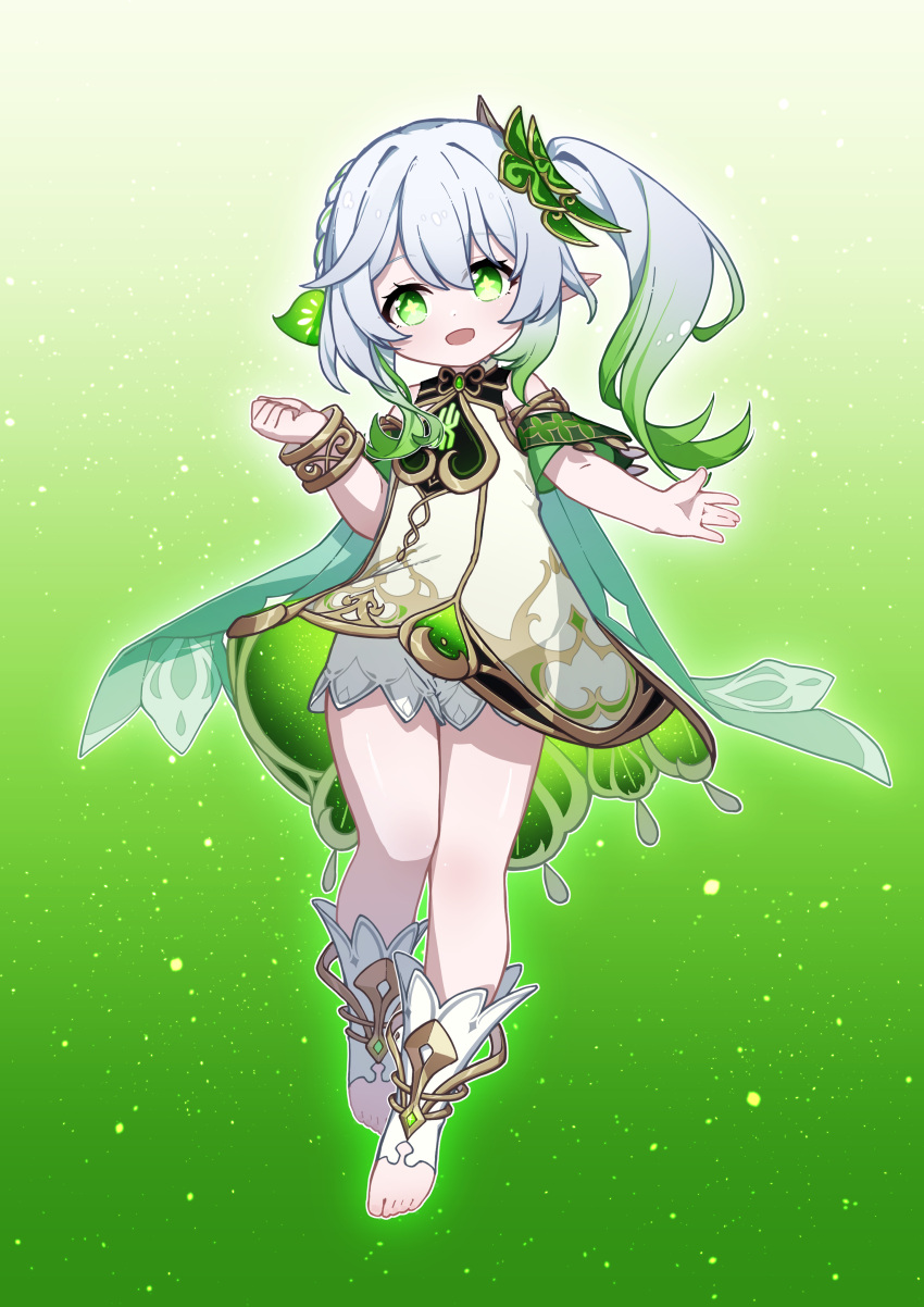 1girl, absurdres, barefoot, dress, genshin_impact, green_eyes, green_hair, hair_between_eyes
