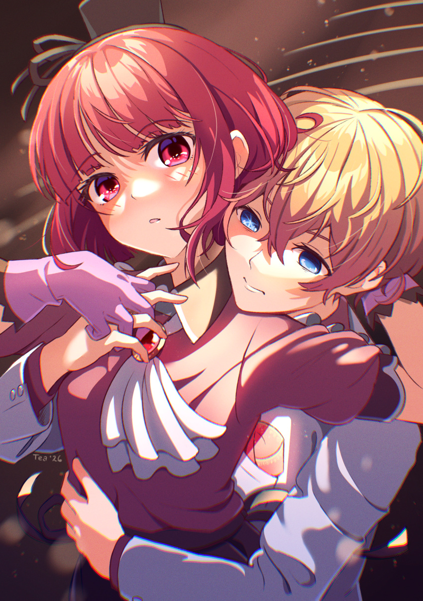 1boy, 1girl, :o, absurdres, arima_kana, ascot, blonde_hair, blue_eyes
