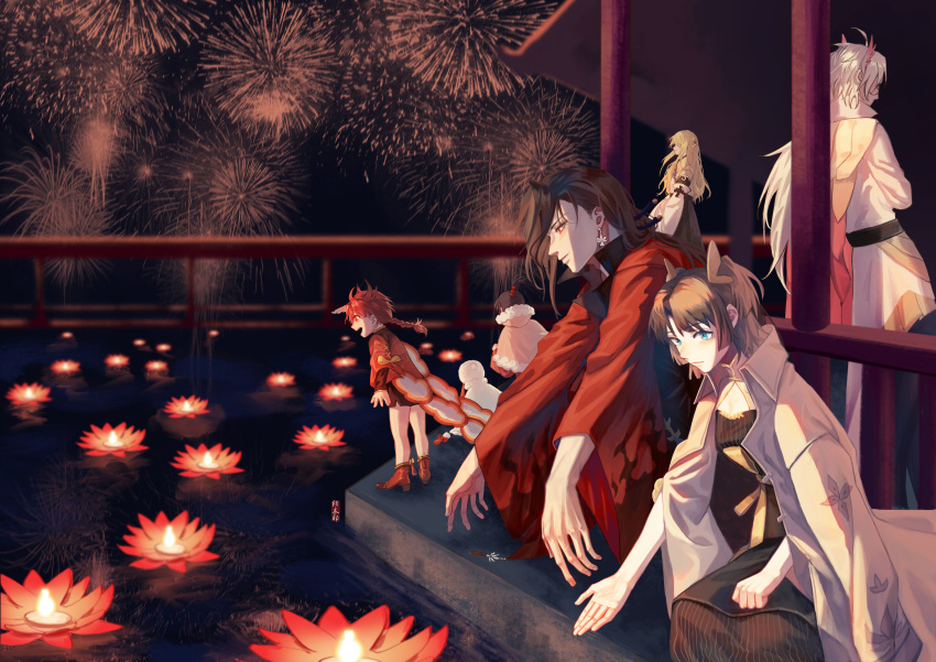1girl, 6+boys, :d, absurdres, aerial_fireworks, architecture, belt, black_belt