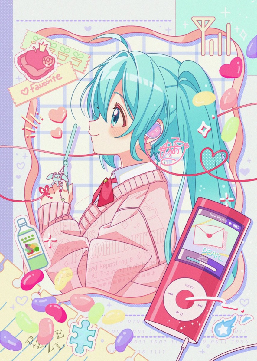 1girl, ahoge, beans, blue_eyes, blue_hair, blush, bottle, bow