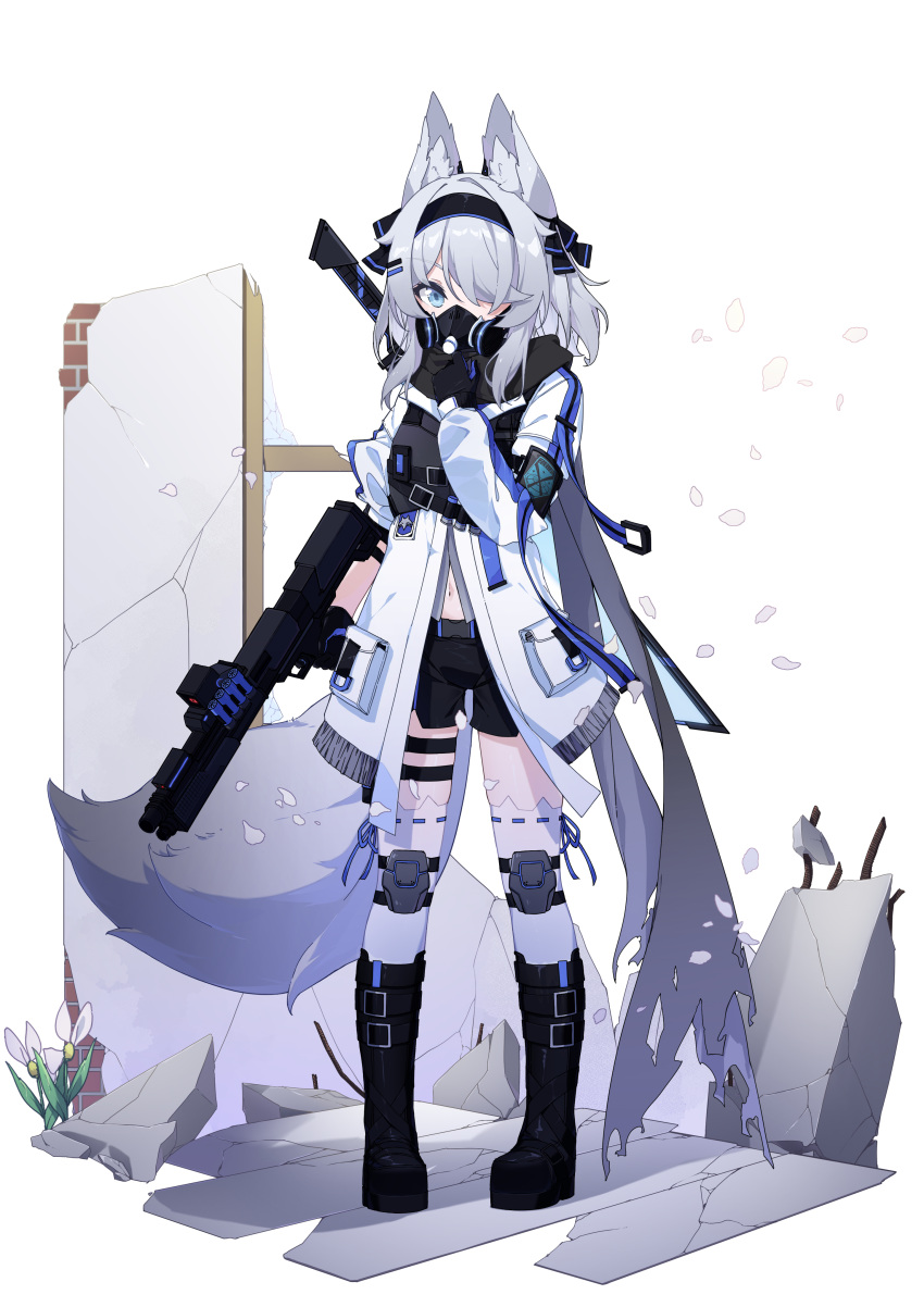 1girl, absurdres, animal_ear_fluff, animal_ears, commission, fox_ears, fox_girl, gas_mask
