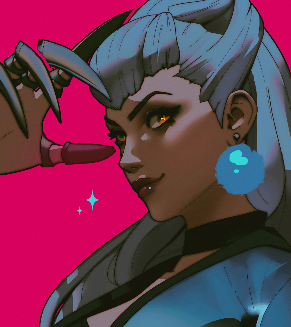 1girl, bad_id, bad_twitter_id, black_choker, black_eyeshadow, blue_jacket, brown_lips, choker, close-up, closed_mouth, commentary, cone_hair_bun, cropped_jacket, demon_girl, double_bun, earrings, evelynn_(league_of_legends), eyeshadow, fake_claws, finger_claws, from_side, hair_bun, hair_over_shoulder, hand_up, jacket, jewelry, k/da_(league_of_legends), k/da_all_out_evelynn, league_of_legends, light_smile, long_hair, looking_at_viewer, makeup, official_alternate_costume, official_alternate_hairstyle, open_clothes, open_hand, open_jacket, pale_skin, pink_background, pointed_bangs, poisonp1nk, pom_pom_(clothes), pom_pom_earrings, raised_eyebrows, shiny_lips, silver_claws, slit_pupils, solo, sparkle, standing, untranslatable_commentary, v-bangs, white_hair, yellow_eyes