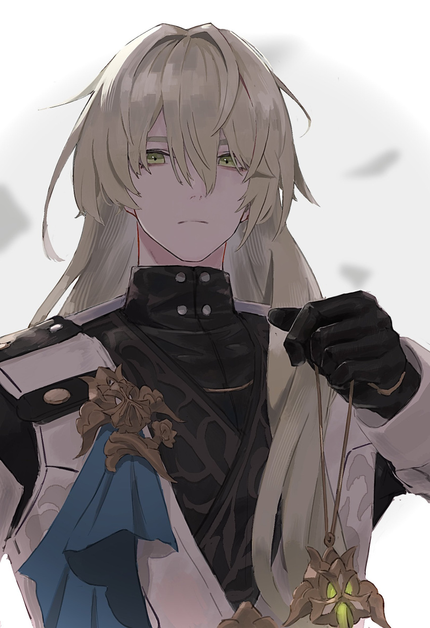 1boy, black_gloves, blonde_hair, closed_mouth, gloves, green_eyes, hair_between_eyes, hashtag-only_commentary