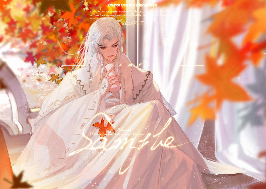 1boy, absurdres, aegyo_sal, arm_guards, autumn_leaves, bottle, chinese_clothes, chinese_commentary