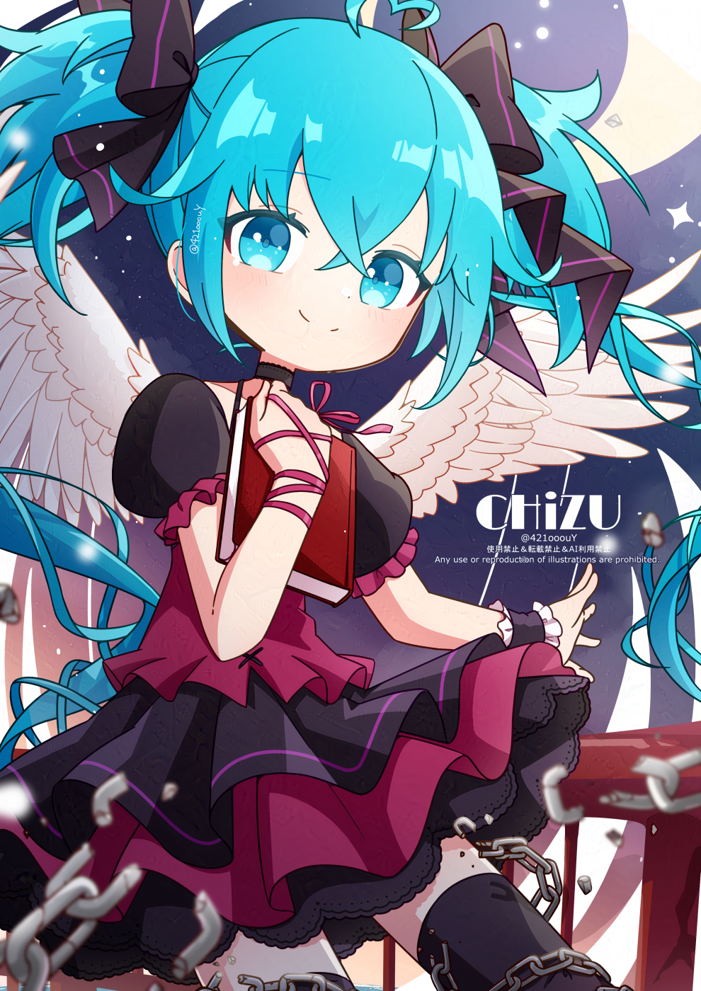1/6_-out_of_the_gravity-_(vocaloid), 1girl, arm_ribbon, artist_name, black_bow, black_choker, black_thighhighs, blue_eyes