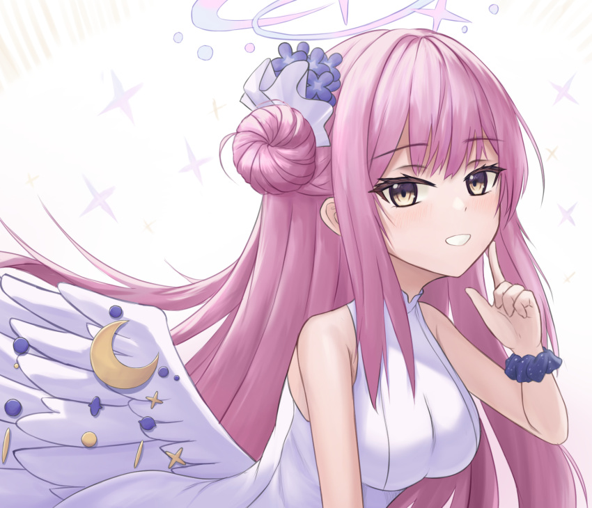 1girl, :d, armpit_crease, bare_arms, blue_archive, breasts, brown_eyes, commentary