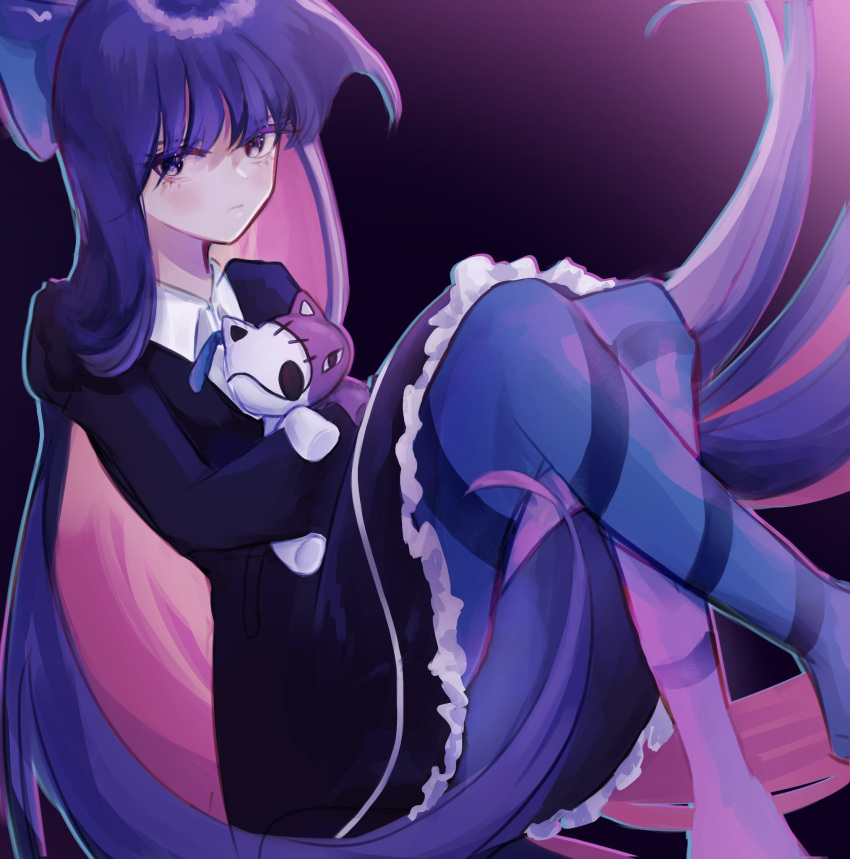 1girl, absurdly_long_hair, aerea, black_background, black_dress, blue_pantyhose, bow, closed_mouth