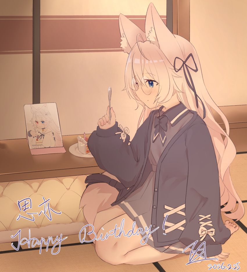 1girl, ahoge, animal_ear_fluff, animal_ears, barefoot, cake, dress, food
