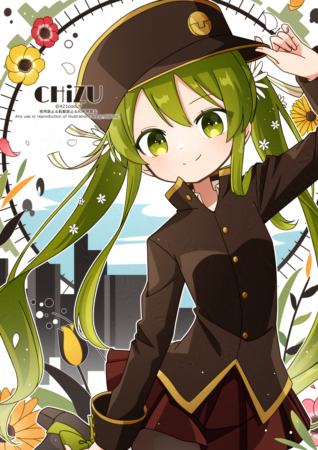 1925_(vocaloid), 1girl, arm_up, artist_name, blush, brown_hat, brown_shirt, buttons