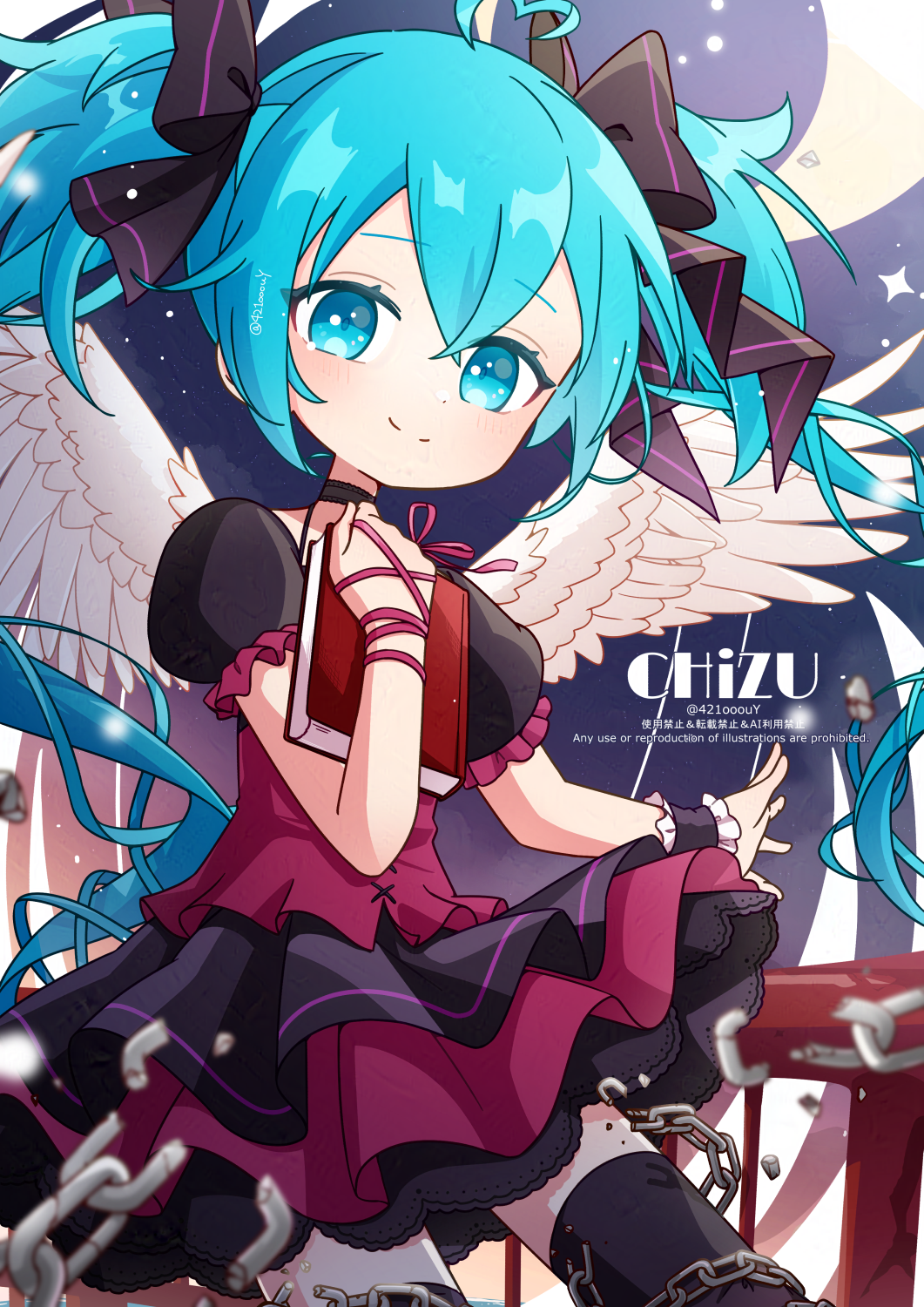 1/6_-out_of_the_gravity-_(vocaloid), 1girl, arm_ribbon, artist_name, black_bow, black_choker, black_thighhighs, blue_eyes