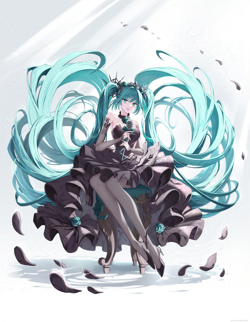 1girl, absurdres, aqua_bow, aqua_eyes, aqua_flower, aqua_hair, aqua_rose, bare_shoulders