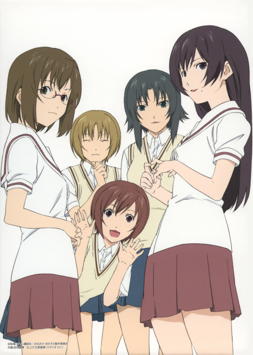 5girls, absurdres, anime_coloring, atsuko_(minami-ke), black_hair, blonde_hair, blue_skirt, breasts