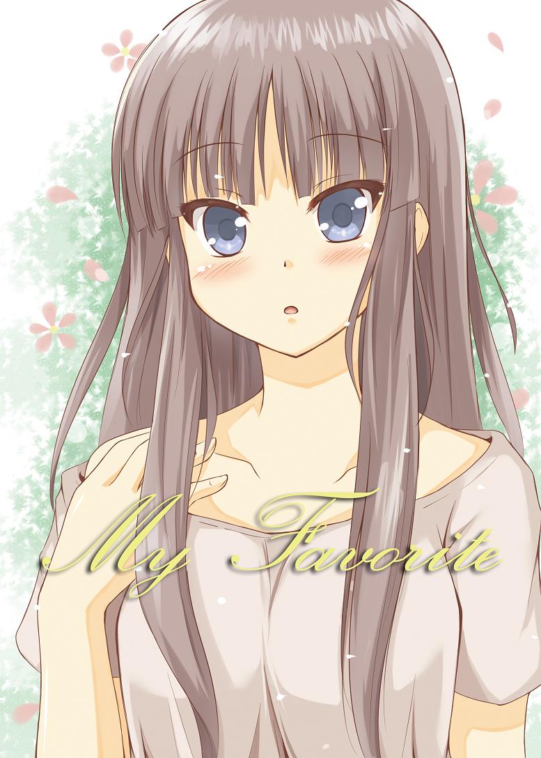 :o, akiyama_mio, black_hair, blush, chaa_(korone-ze), flower, hand_on_own_shoulder, hand_on_shoulder