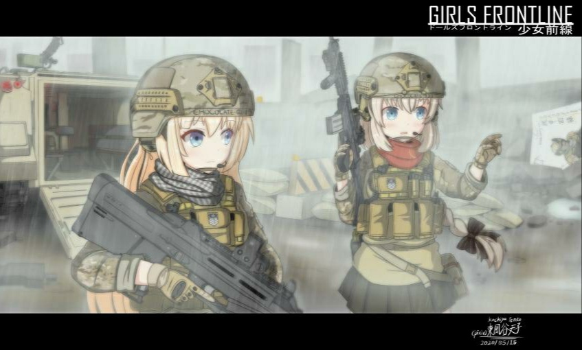 assault_rifle, bullpup, f2000_(girls_frontline), girls_frontline, long_hair, military, multiple_girls, rifle