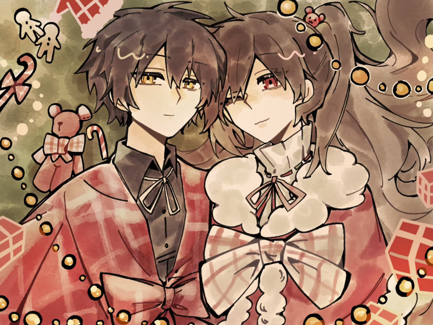 1boy, 1girl, ayin_(project_moon), black_hair, candy, candy_cane, capelet, carmen_(project_moon)